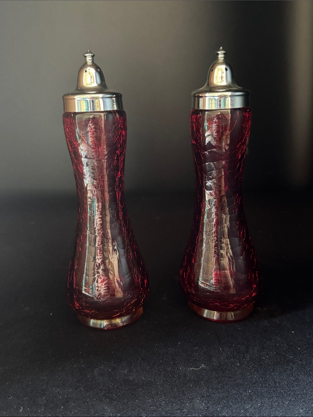 KANAWHA RED CRACKLE GLASS SALT & PEPPER SHAKERS